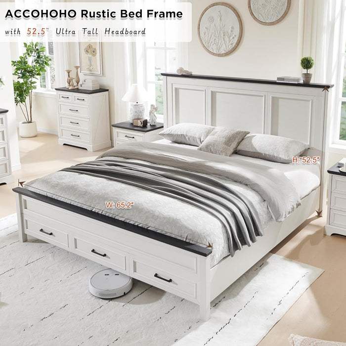 Farmhouse Queen Size Bed Frame with 52" Tall Headboard, Wood Platform Bedframe with Footboard and Storage Drawers, No Squeak, No Box Spring Needed, off White