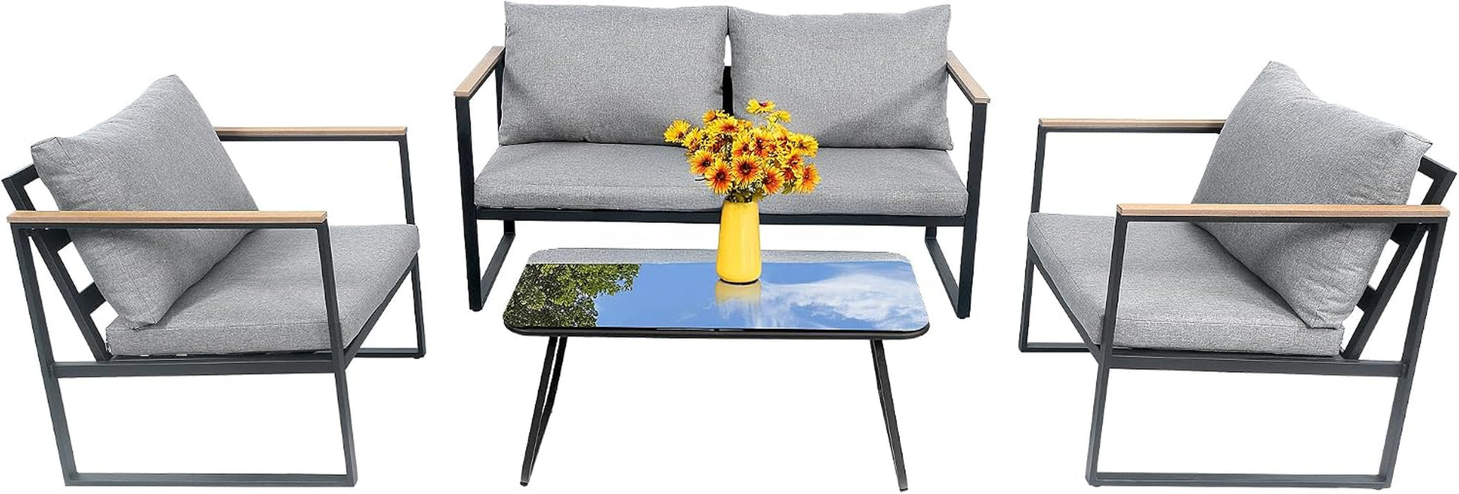 4Pc Metal Patio Conversation Set,Coffee Table,Washable Cushions