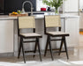 26" Rattan Bar Stools with Back Set of 4, Black Wood Counter Height Bar Stools, Upholstered Boho Cane Barstools, Fabric Bar Chairs for Kitchen Island/Designed Wooden Legs/Linen Beige