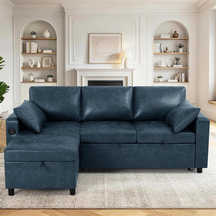 84” Suede Leather Pull-Out Sofa Bed W/Adjustable Back, Blue