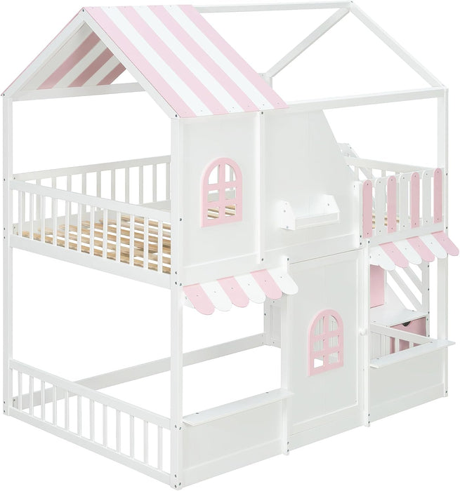 Full Over Full Bunk Bed White IntegratedStorageStaircase