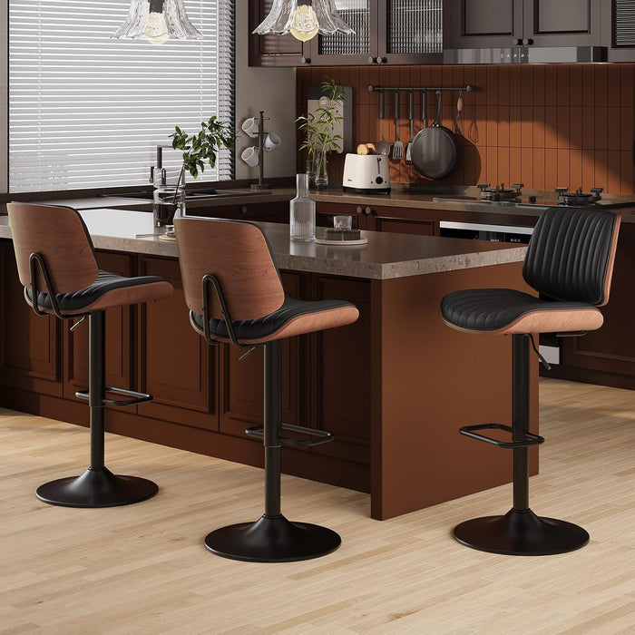 Bar Stools Set of 3, Adjustable Counter Height Bar Chairs 26"-34.5" with Swivel & Footrest, Modern Faux Leather Barstools for Kitchen Island, Dining Room,Pub,Black