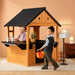 Kids Outdoor Playhouse with Sink Toys, Picnic Table, Mailbox, Spacious Wooden Toddler Playhouse for Backyard Kids 3-8Y DIY Room with Flowerpot Holders, Plastic Basin (Light Brown)