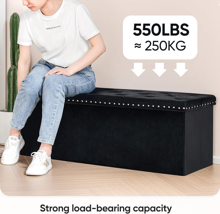 Black Storage Ottoman Bench for Bedroom, Folding Velvet Chest with Benches Foot Rest Stool, Large Long Shoes Chest for Bedroom, Living Room, 43.3"X15.7"X15.7"