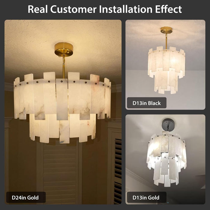 Alabaster Chandelier, 24" Spanish Alabaster round Chandeliers 2-Tier,Modern Adjustable Gold Marble Pendant Chandeliers for Dining Room, Living Room, Bedroom,Foyer,Bathroom, Included E12 Bulb