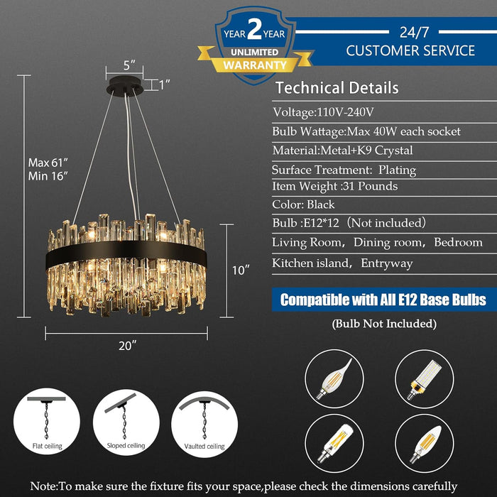 Black Crystalline Chandelier With 12 Lights 20Inch