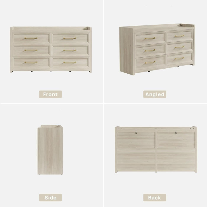 6 Drawer Dresser for Bedroom-56.4" Extra-Wide Wooden Chest of Drawers with Large Storage, Long Dresser TV Stand with Drawers, Farmhouse Closet Dressers for Nursery Living Room, Grey White Oak