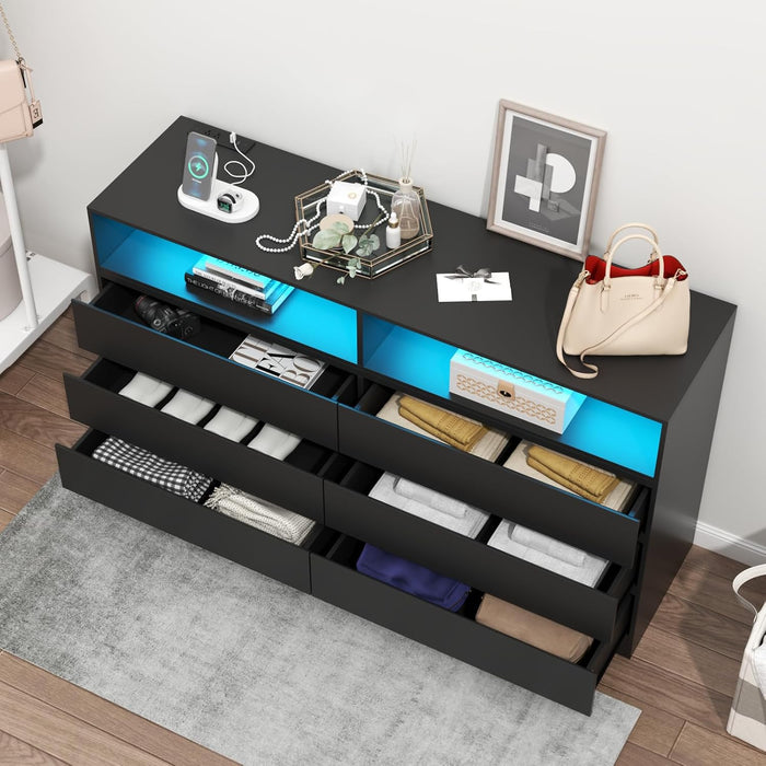 6 Drawer Double Dresser with Power Outlet, Accent Chests of Drawers with LED Light, Modern White Storage Dresser with Charging Station (Mirror Not Included)