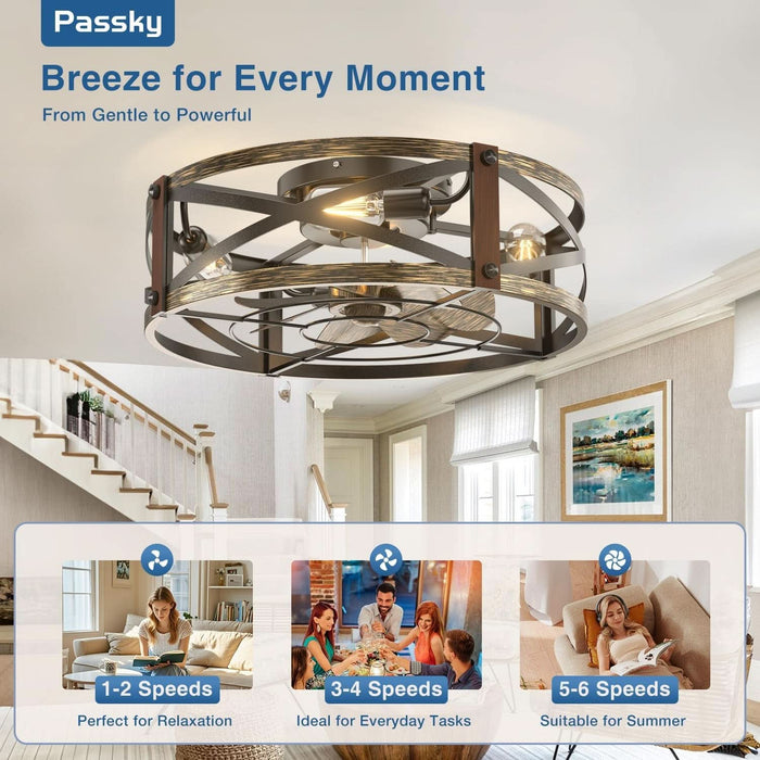 20" Farmhouse Flush Mount Ceiling Fans with Lights and Remote, Industrial Black Caged Low Profile Fandelier, 6 Speeds Bladeless Ceiling Fan for Bedroom, Kitchen, Living Room