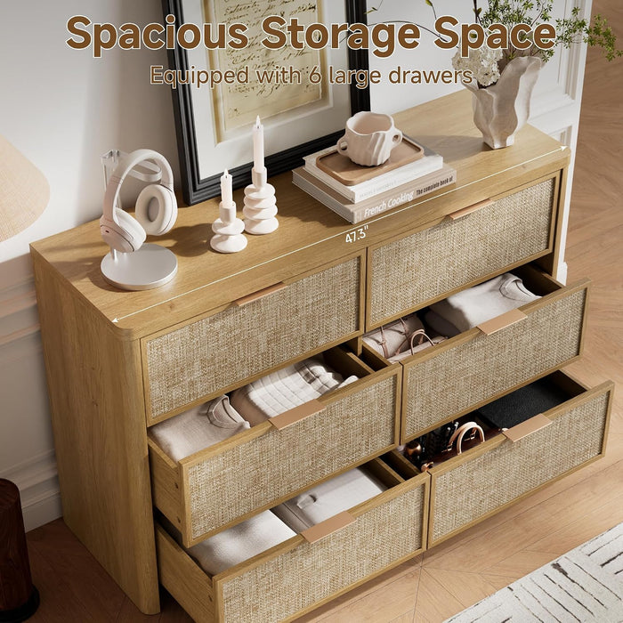 Rattan 6 Drawer Dresser for Bedroom, 47.2" Wide Curved Dressers & Chests of Drawers with 6 Deep Drawers, Large Boho Wooden Dresser W/Gold Metal Handles for Bedroom, Natural Oak