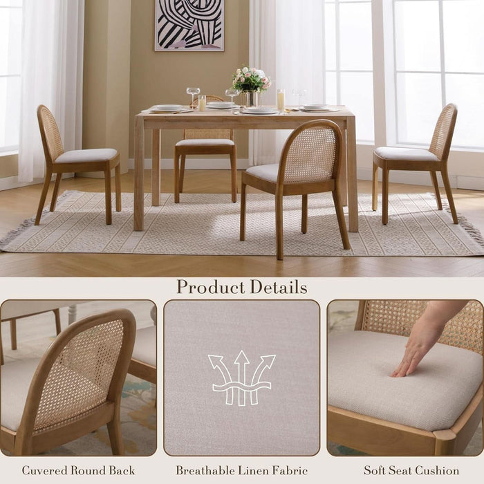Rattan Dining Chairs Set of 4, Upholstered Linen Dining Room Chairs with Backrests, Modern Kitchen Chairs with Wood Legs for Dining Room, Beige