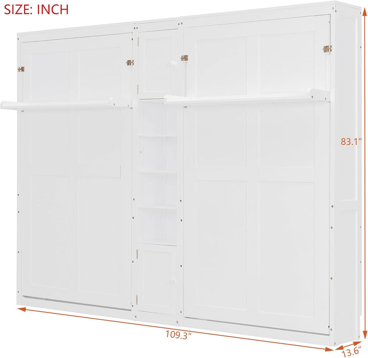 Dual Twin Size Murphy Bed, Twin Wall Beds with Cabinets and Shelves, White