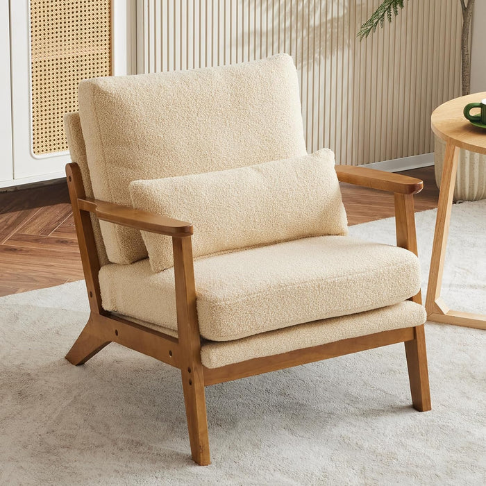 Solid Wood Wide Armrests Accent Chair,Upholstered Mid Century Modern Chair with Pillow,Comfy Reading Chair Farmhouse Arm Chair,Chairs Living Room,Bedroom,Guest Room,Teddy Fleece,Khaki