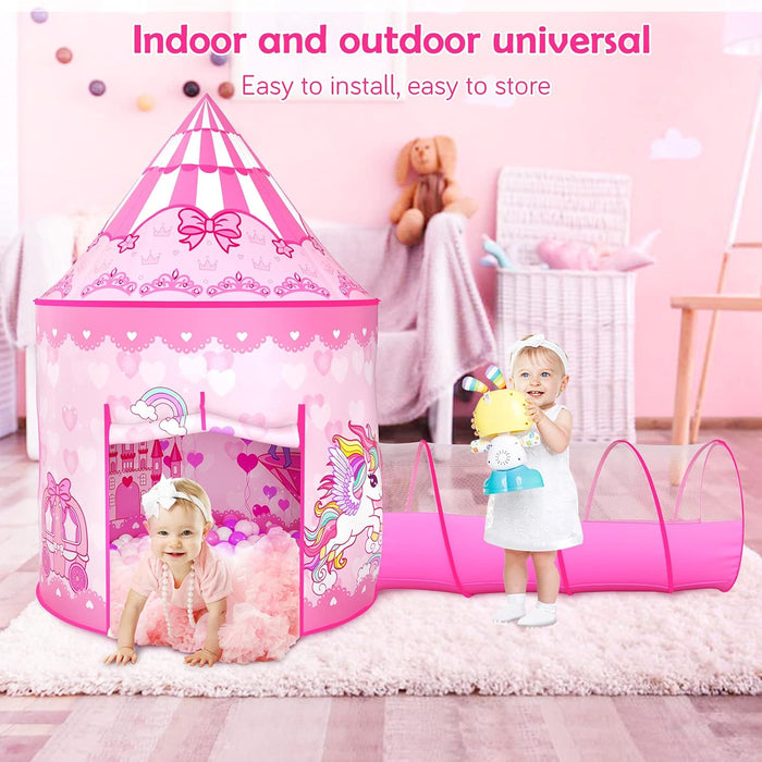 3PC Princess Tent for Girls with Kids Ball Pit and Crawl Tunnel for Toddlers, Pink Pop up Playhouse Toys Indoor& Outdoor for Birthday Gifts
