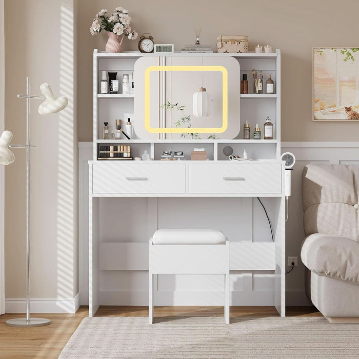 Vanity Desk with Sliding Mirror, Makeup Desk and Stool with Lights in 3 Colors, Girls Vanity Table with Charging Station, 2 Drawers & Storage Shelves for Bedroom, White