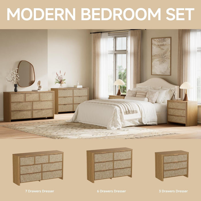 Rattan 6 Drawer Dresser for Bedroom, 47.2" Wide Curved Dressers & Chests of Drawers with 6 Deep Drawers, Large Boho Wooden Dresser W/Gold Metal Handles for Bedroom, Natural Oak