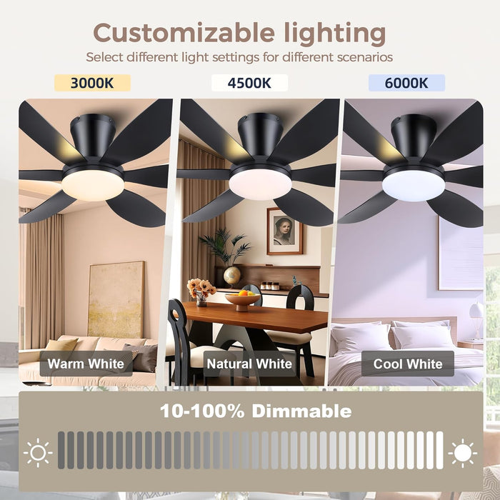 Ceiling Fans with Lights,42" Low Profile Ceiling Fan with Light and Remote Control,Flush Mount, Reversible, Dimmable, Noiseless, Black Ceiling Fan for Bedroom