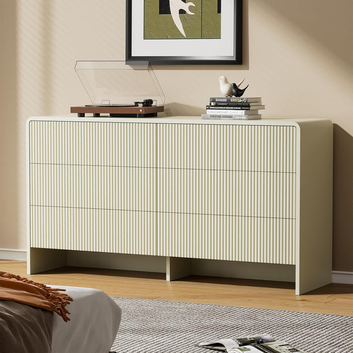 55" Wide Modern Dresser for Bedroom, 6 Drawer Chest of Drawers with Curved Design, Push-To-Open Storage Dresser, Beige