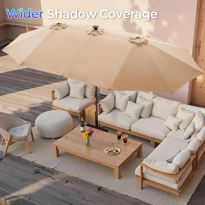 15Ft Large Patio Umbrella with Base Included, Double Sided Outdoor Umbrella with Solar Lights, Pool Umbrella with Fade Resistant Canopy for Deck, Porch, Yard, Balcony, Beige