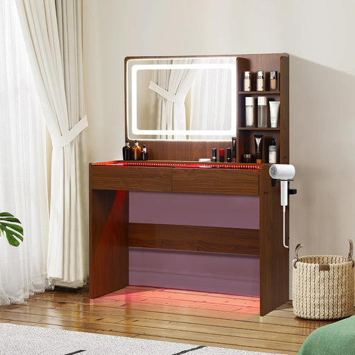 Illuminated LED Vanity Desk Glass Surface StorageDrawers