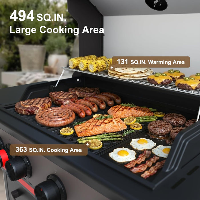 Brand-Man 4 Burner Propane Gas Grill with Infrared Side Burner, 52,000 BTU Total BBQ Grill with Porcelain-Enameled Cast Iron Diamond-Pattern Grates & Griddle for Outdoor Barbecue Grilling