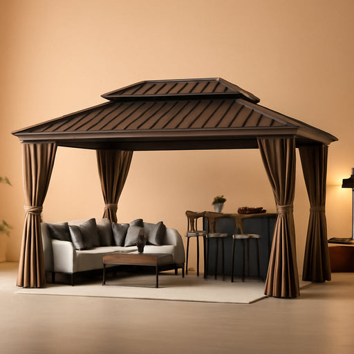 12’X16’ Hardtop Gazebo, Permanent Metal Pavilion with Galvanized Steel Double Roof, Outdoor Pergola with Nettings and Curtains for Lawn, Garden, Patio (Brown)
