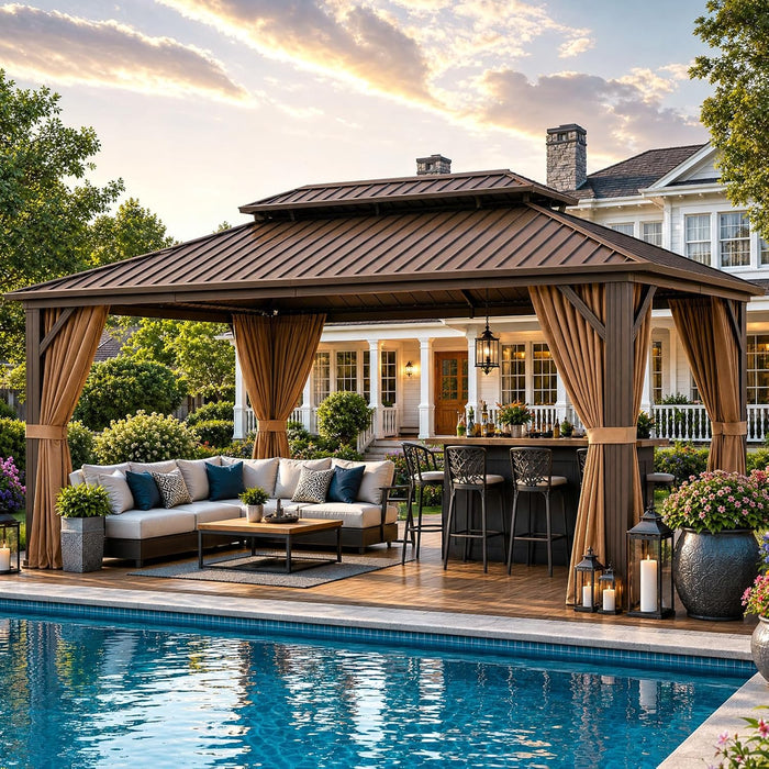 12’X16’ Hardtop Gazebo, Permanent Metal Pavilion with Galvanized Steel Double Roof, Outdoor Pergola with Nettings and Curtains for Lawn, Garden, Patio (Brown)