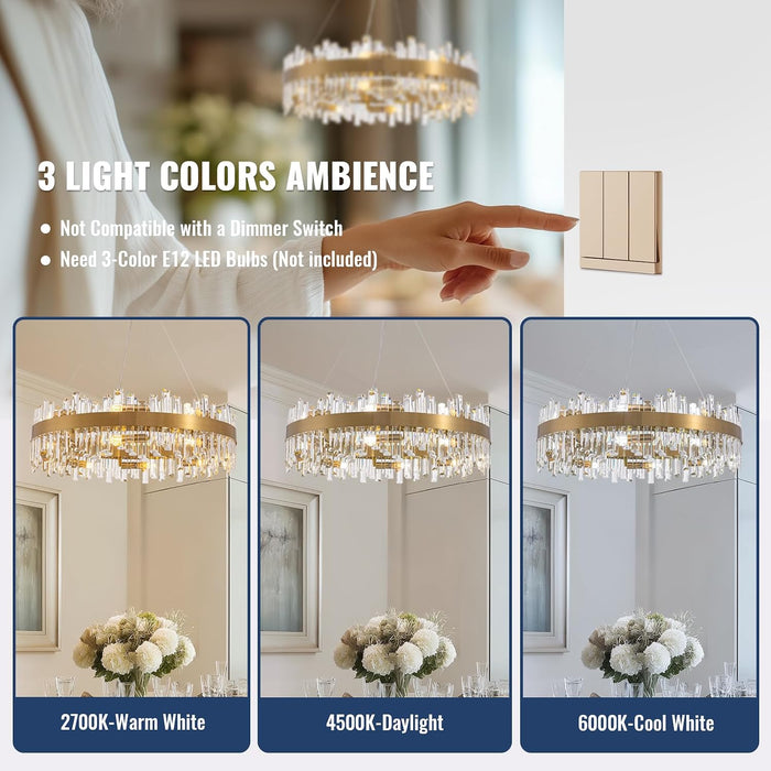 Gold Crystal Chandelier for Dining Room, 16-Light Modern Chandelier, 31.5-Inch K9 Crystal Raindrop Ceiling Light, Luxury Flush Mount Light Fixture for Kitchen Living Room Entryway Bedroom