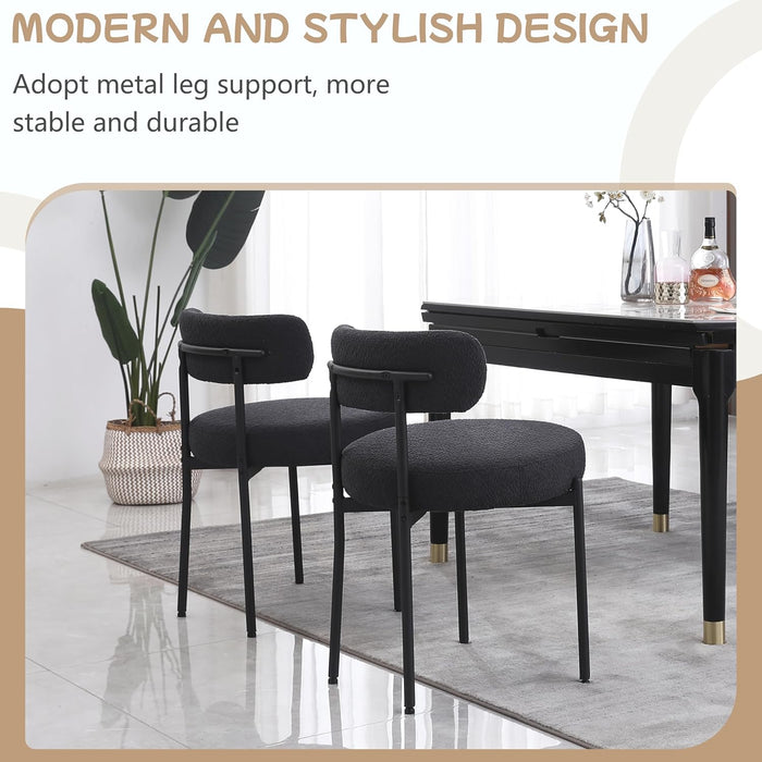 Black Dining Chairs Set of 4 round Upholstered Boucle Dining Room Chairs Mid-Century Modern Kitchen Chairs with Curved Backrest and Black Metal Legs
