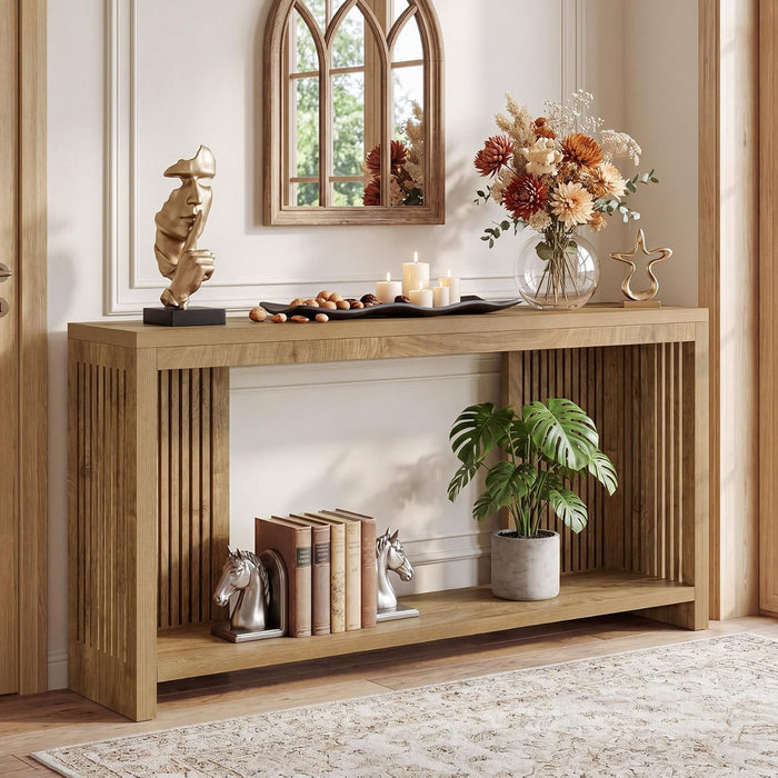 70.9-Inch Long Entryway Table with 2-Tier Storage, Farmhouse Narrow Sofa Console Table with Vertical Stripe Legs, for Entrance, Entryway, Hallway, Foyer, behind the Couch, Brown