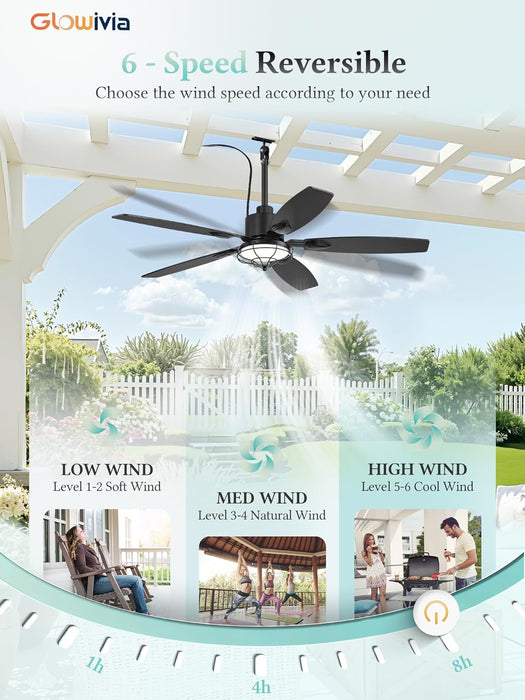 52" Outdoor Ceiling Fan with Lights, IP65 Waterproof Gazebo Fan with 3CCT Remote Control 6-Speeds Reversible DC Motor,Plug in Hanging Ceiling Fan for Patio Porch Pergola(Black)