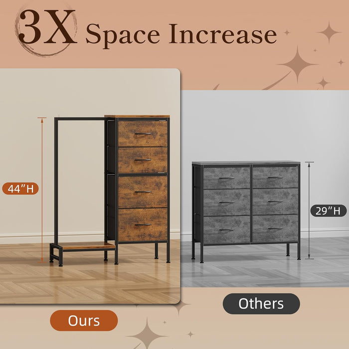 Tall Dresser 44''H with Hanging Rack, 4 Drawers Small Closet Dresser for Bedroom, Reversible Fabric Chest of Drawers with Clothes Rack, Tall Storage Tower, Sturdy Frame, Rustic Brown