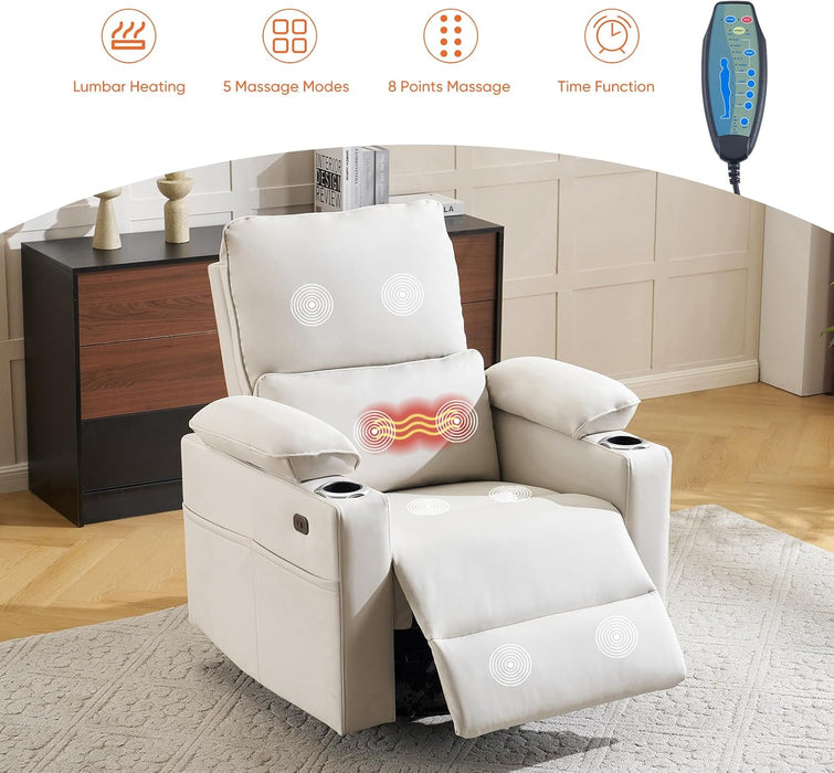 270° Swivel Rocker Recliner with Adjustable Armrests,Oversized Power Nursery Recliner with Heating and Massgae,Rocking Chair Nursery with One-Touch Reset,Double Cup Holder,Faux Leather,Beige
