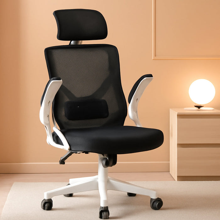 Ergonomic Mesh Office Chair, High Back Desk Chair with with Flip-Up Armrests, Adjustable Padded Headrest Computer Chair with Lumbar Support for Home Oiffce Game Room, White/Black