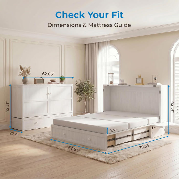 White Queen Murphy Bed Cabinet With USBChargingModule