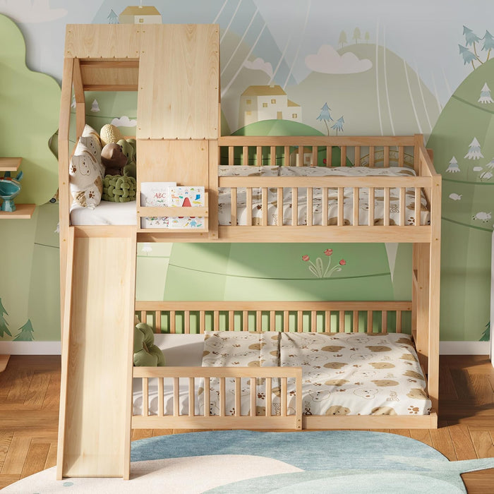 Natural SolidWood ExtraLarge OverQueen Bunk Bed Slide
