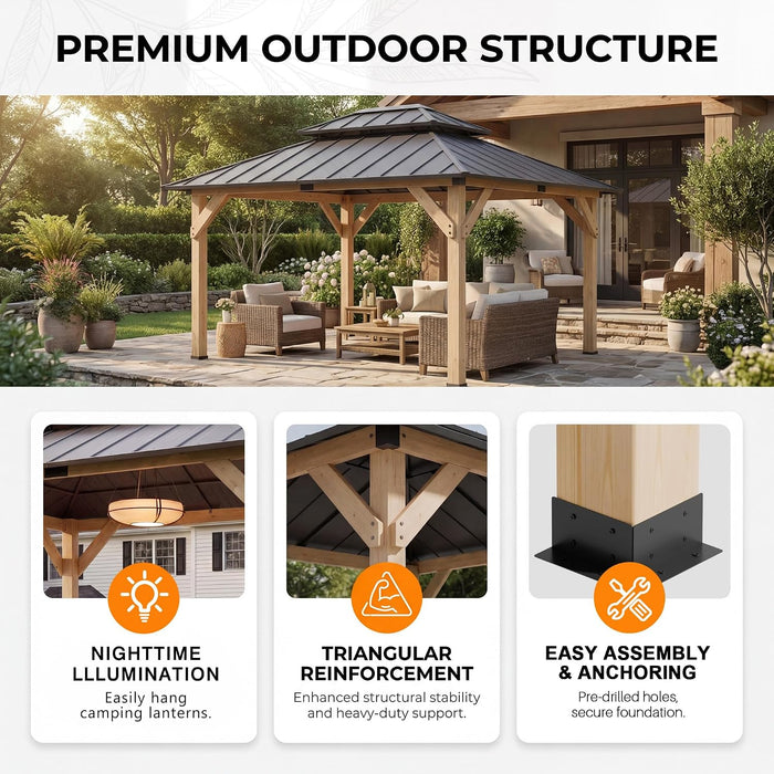 10' X 12' Outdoor Wood Gazebo,Metal Hardtop Gazebo,Color DIY Permanent Pavilion with Galvanized Steel Double Roof for Backyard, Garden(Windproof, Snow-Load Bearing, Waterproof, Rustproof)