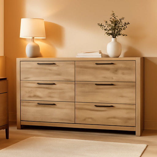 Hyanna Mid-Century Modern 6 Drawer Dresser, Light Brown & Beige