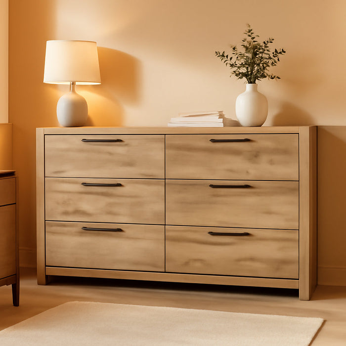 Hyanna Mid-Century Modern 6 Drawer Dresser, Light Brown & Beige