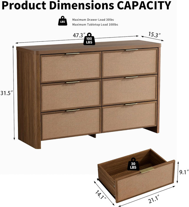 Rattan 6 Drawer Dresser for Bedroom,47.2" Wide,Walnut,Modern Chest of Drawers with 6 Large Storage Space and Curved Edge Design, 6 Drawer Large Dresser for Bedroom