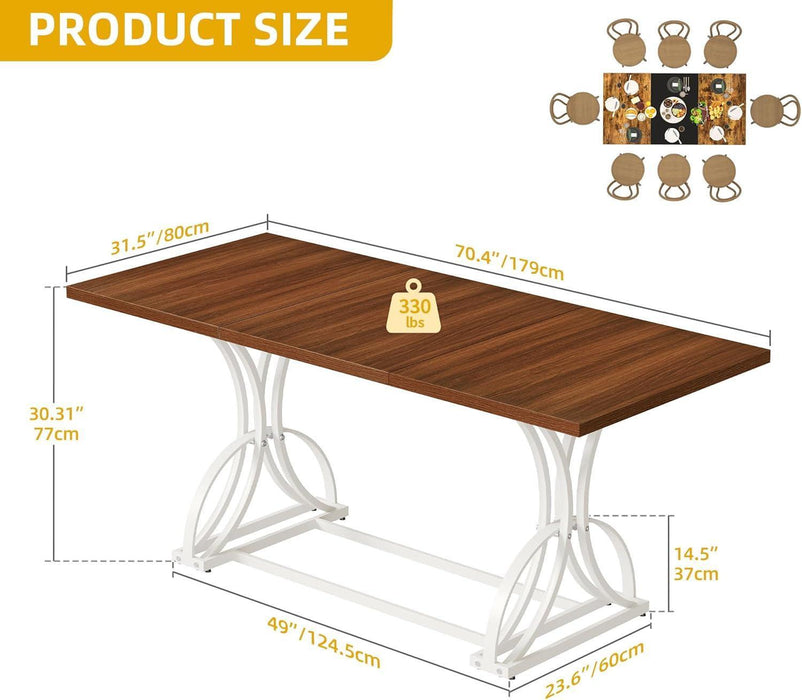 70.3" Large Modern Dining Table for 6-8 People, Rectangular Walnut Kitchen Dining Room Table with Thick Tabletop and White Geometric Metal Legs, Farmhouse Wood Dinner Tables