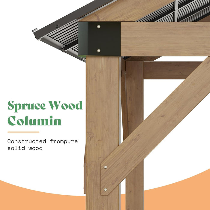 13X15 Ft Spruce Wood Gazebo, Outdoor Gazebo with Bar Storage, Hardtop Wooden Paviloin with Metal Steel Gable Roof, Patio, Garage, Black + Natural Wood