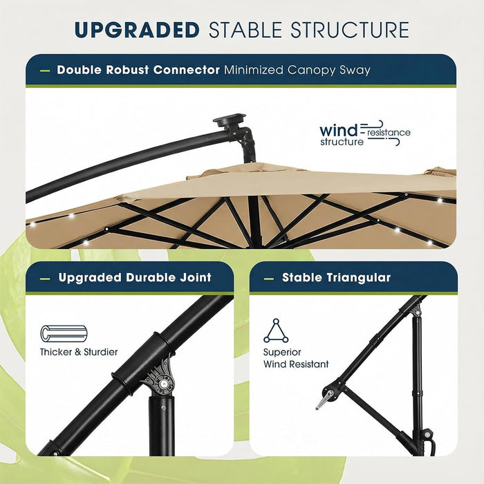 10Ft Solar LED Patio Umbrella with Base Included, Offset Umbrella with Weighted Sandbag Base, Cantilever Patio Umbrellas for Backyard, Garden & Deck, 32 LED Lights & Polyester Shade, Tan