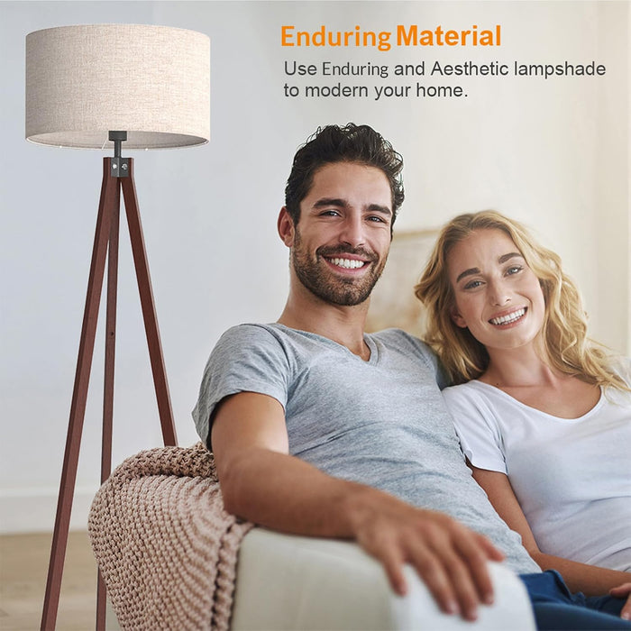Wood Tripod Floor Lamp, Mid Century Standing Lamp, Modern Design Studying Light for Living Room, Bedroom, Study Room and Office, Flaxen Lamp Shade with E26 Base Dark Brown