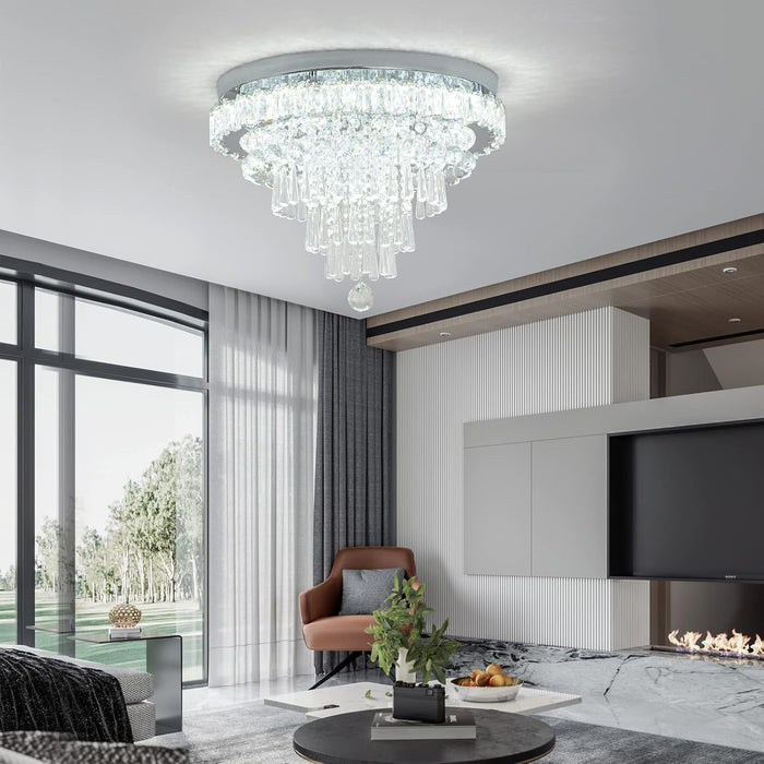 Modern Crystal Chandelier round LED Crystal Ceiling Light Fixtures Flush Mount Chandelier Ceiling Lamp for Living Room Bedrooms Dining Room (6500K Cool White)