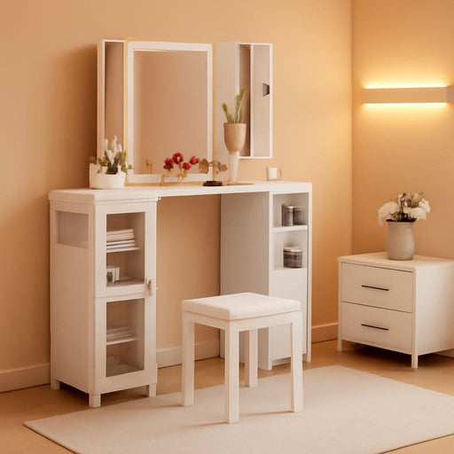Corner Vanity Desk and Stool, Corner Makeup Vanity with LED Lighted Mirror Charging Station and Cabinet for Bedroom, White