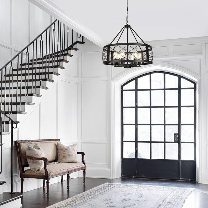 6-Light Black Rustic Drum Chandelier, 22.5” Modern Chandelier for Dining Room, round Metal Hanging Light Fixture for Foyer, Entryway, Bedroom, Kitchen Island