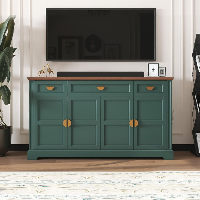 60'' Shaker-Style Large Sideboard Buffet Cabinet with Storage, Green | Credenza Storage Cabinet with 4 Doors and 3 Drawers, Coffee Bar for Kitchen, Living Room