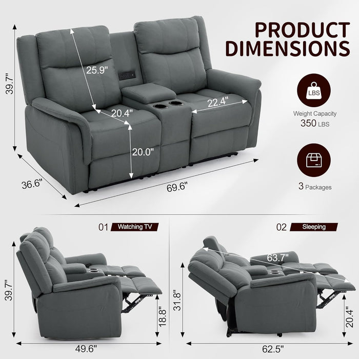 Loveseat Recliner Sofa, Reclining Loveseat Couch with Manual Pull Tab, Reclining Couch with Console, USB Port, US Outlets, and Cup Holders, 2-Seater Performance Fabric Sofa for Living Room, Rvs