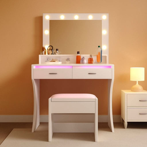 Small Vanity Desk with Mirror and Lights, White Makeup Vanity with Chair, RGB Vanity Table Set with 2 Drawers & Power Outlets & LED Strip, 3 Color Modes & Adjustable Brightness for Women Girls Bedroom